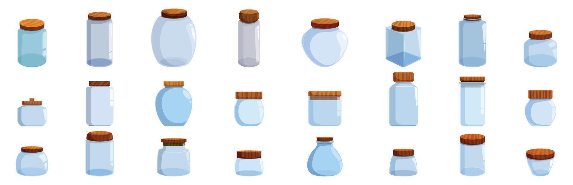 Glass jar wooden cap icons set. Set of different empty glass jars with wooden lids for canning and preservation vector
