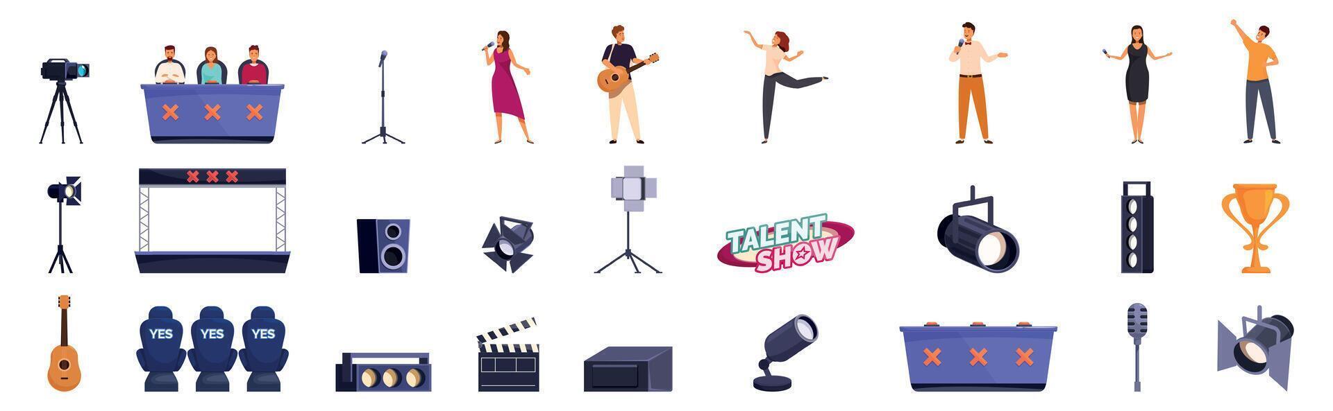 Talent reality show icons set. Tv talent show jury giving scores to artists performing on stage vector