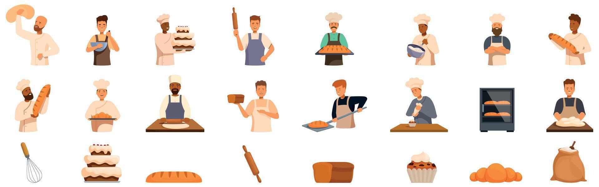 Man baking icons set. Bakers making bread and cakes using professional equipment set vector