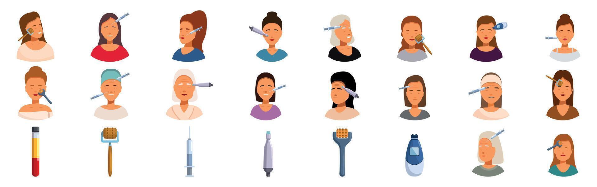Mesotherapy icons set. Set of diverse female clients receiving facial treatments and beauty tools vector