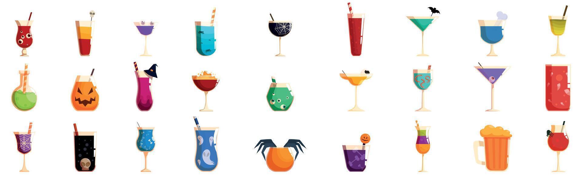 Cocktail Halloween icons set. Collection of halloween cocktails and drinks featuring spooky decorations vector