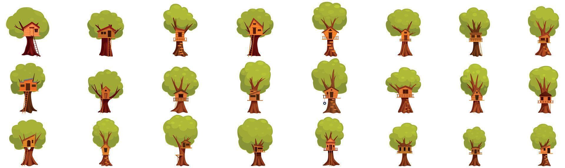 Treehouse icons set. Collection of tree houses for playing kids is standing on white background vector