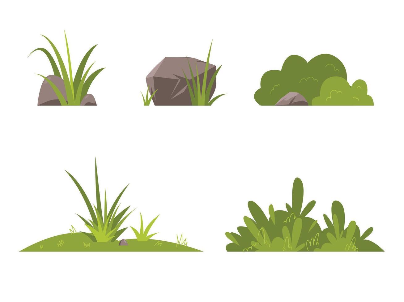 Set of grass with rock stone, bushes vector