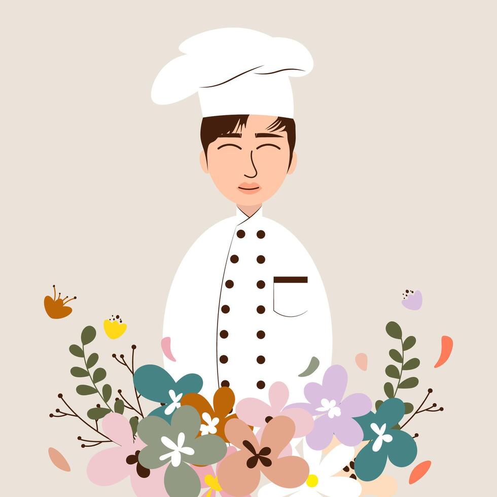 Illustration of smiling male chef with floral frame vector