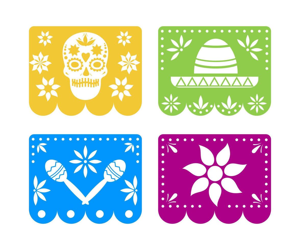 Day of the Dead celebration. Dia de los muetros. Set of papel picado mexican holiday flags. Design elements for fiesta, banner, party, flyer, greeting card. vector