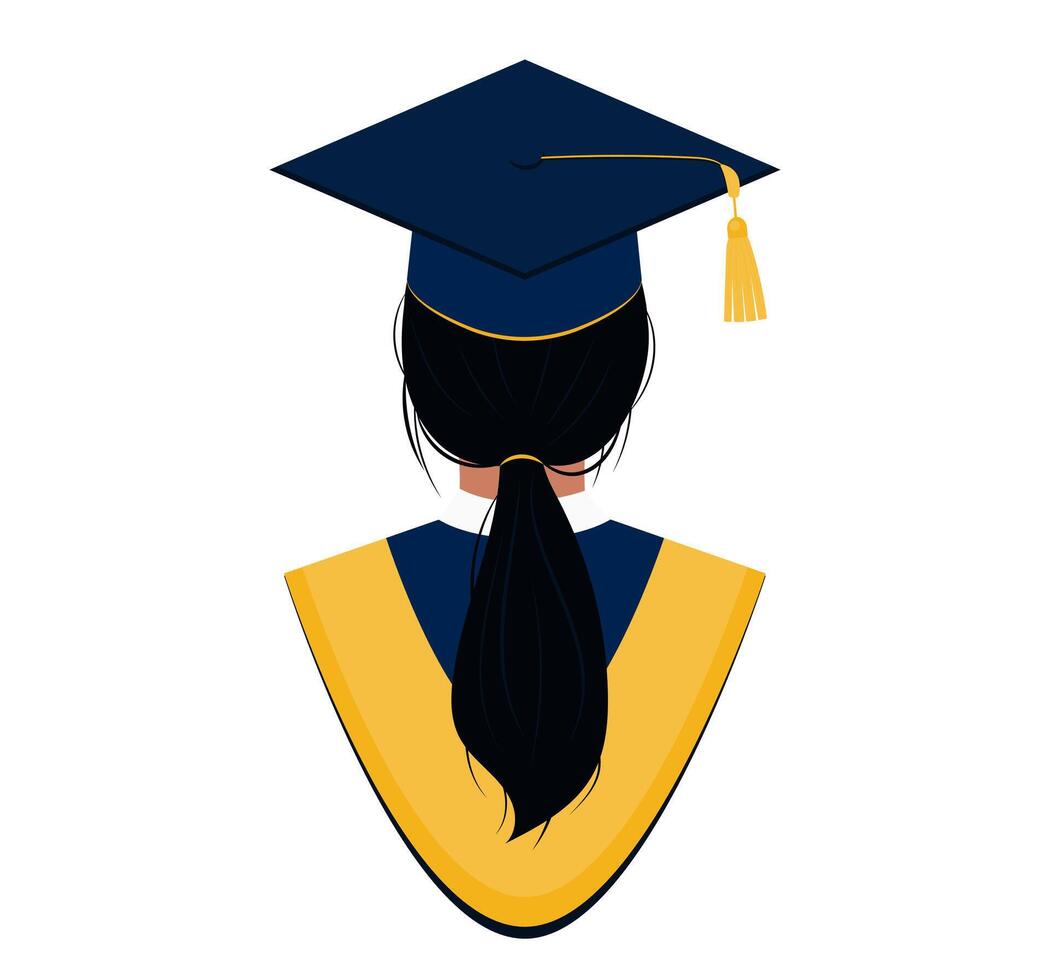 Back View Of Graduate student portrait. Young woman with hair tied in a ponytail in graduation gown and cap. Design element for avatar, card, post, banner, flyer, scrapbooking. vector