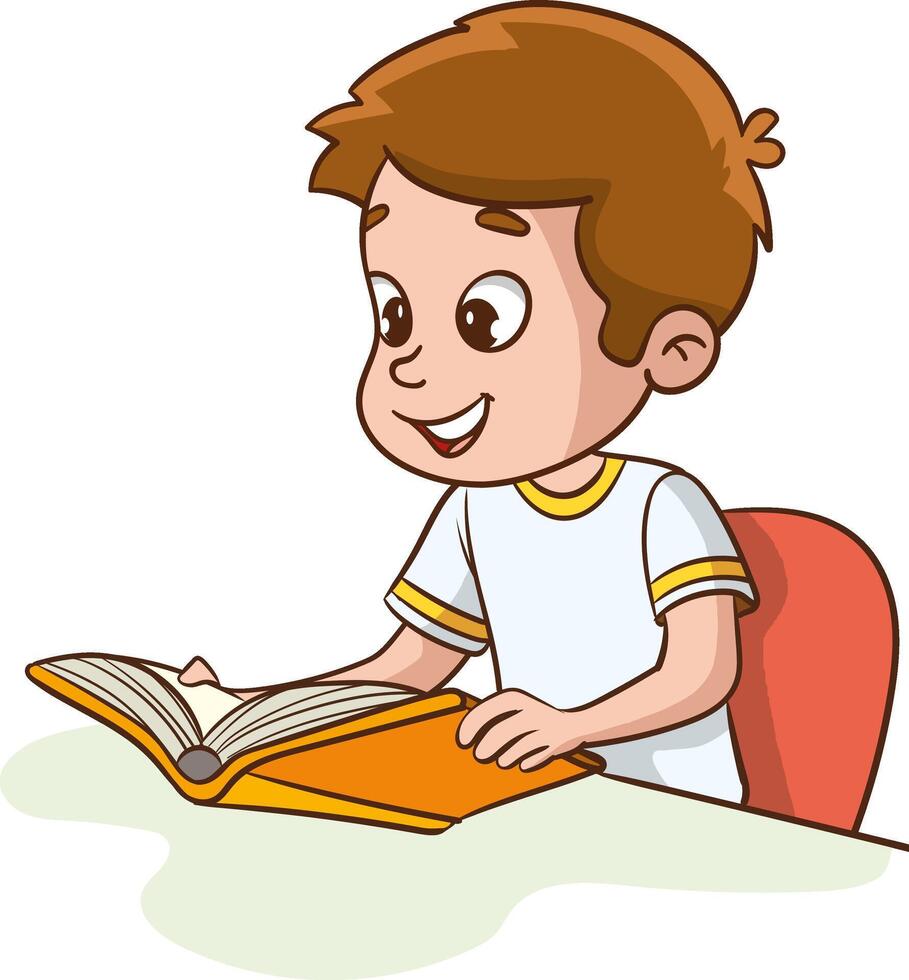 Child reading, dreaming. A Child sitting at the table reading a book. illustration. Flat design. vector