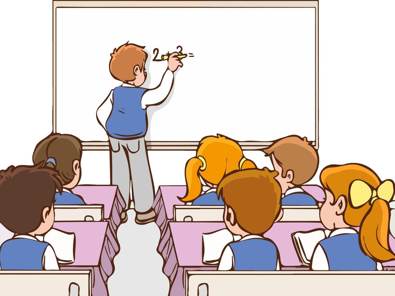 Cute little boy student write on blackboard math equation in front of class with chalk vector