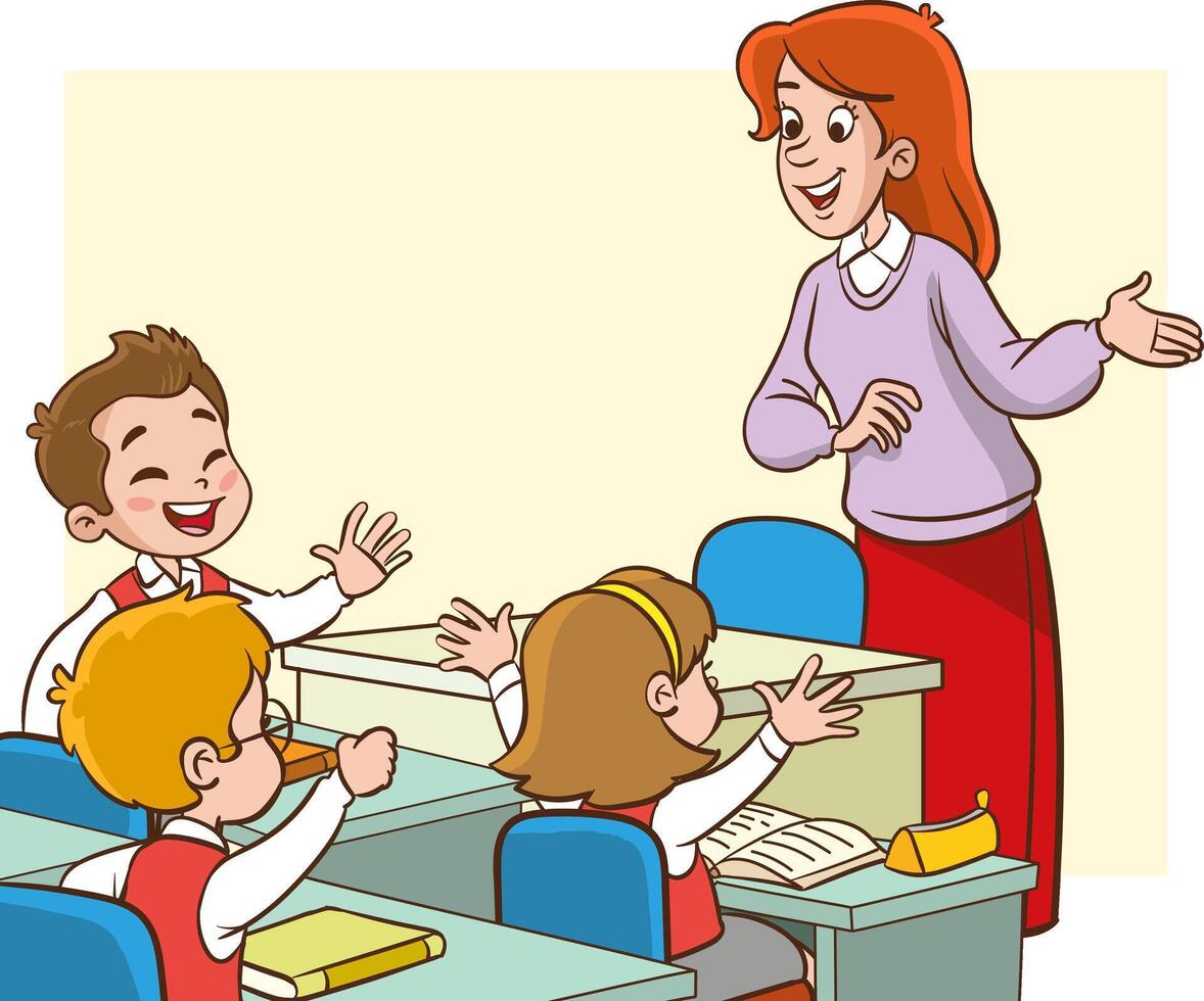 Illustration of Children Education.students doing group work.students studying with teacher in classroom cartoon vector