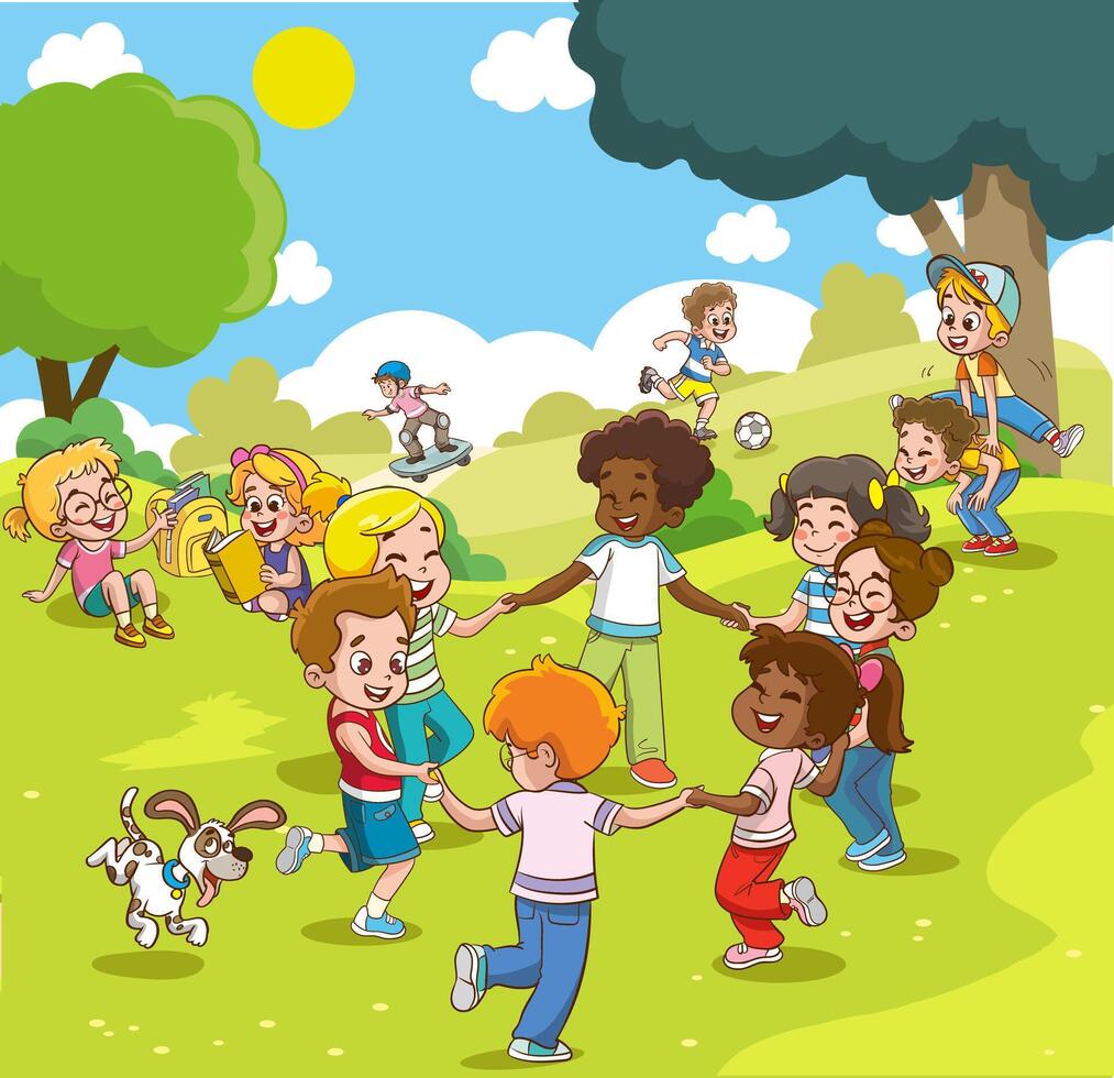 Group of kids playing on playground spending time in games, having fun, fooling around. Children playing in the park. Playground with kids. Summer activities. School yard with kids. summer camp vector