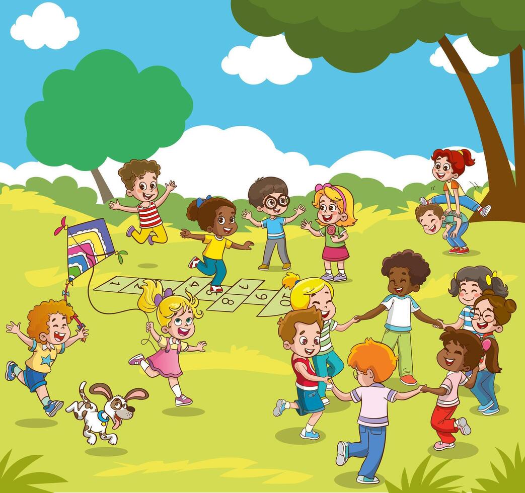 Group of kids playing on playground spending time in games, having fun, fooling around. Children playing in the park. Playground with kids. Summer activities. School yard with kids. summer camp vector