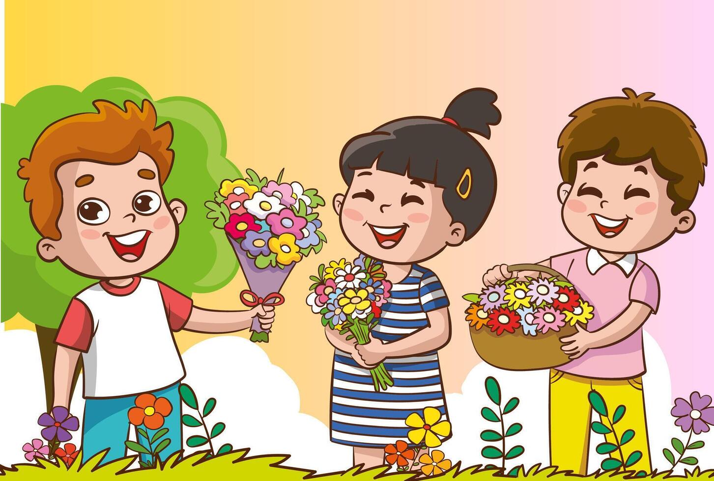 little kids picking flowers and smelling the scent vector