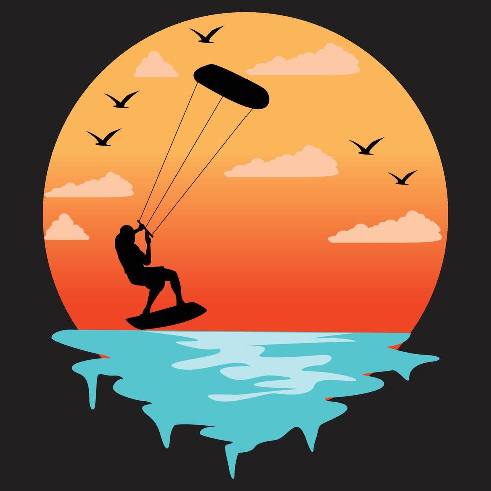 Retro Vintage Sunset Kitesurfer t Shirt design vector