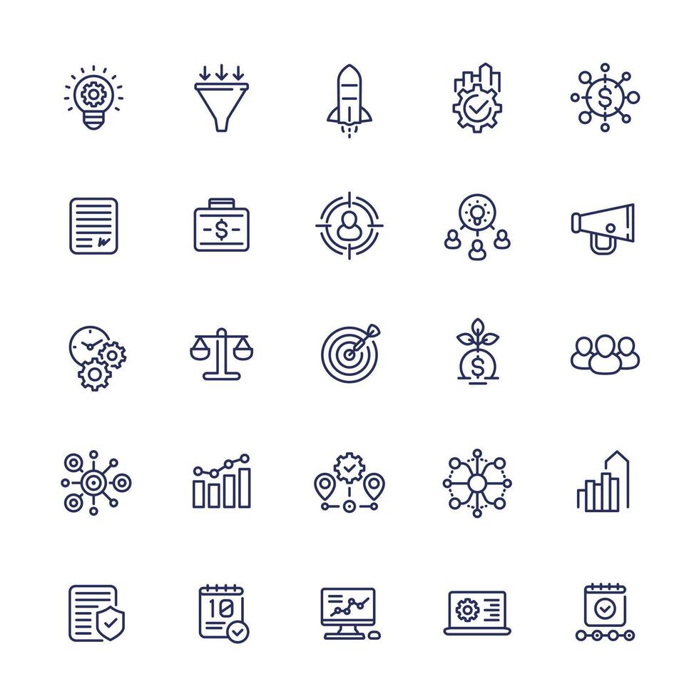 startup line icons set, product launch, project funding and marketing vector