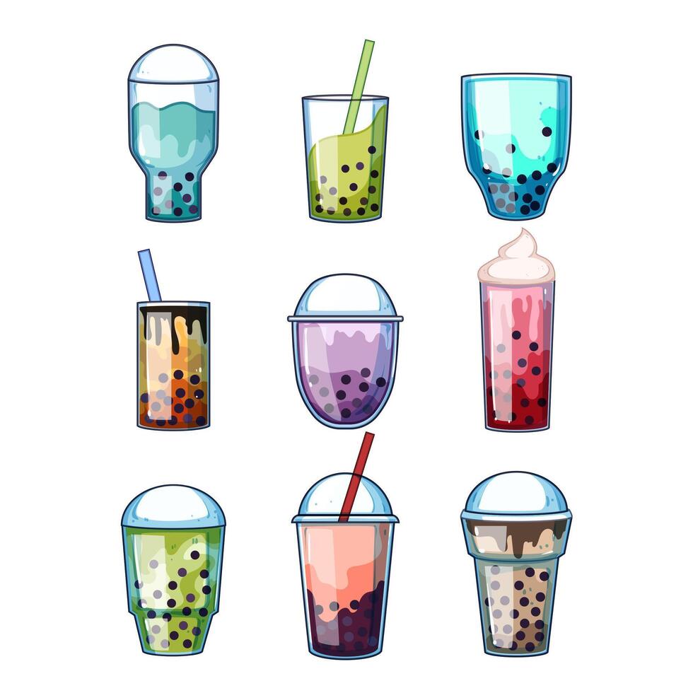 bubble tea set cartoon illustration vector