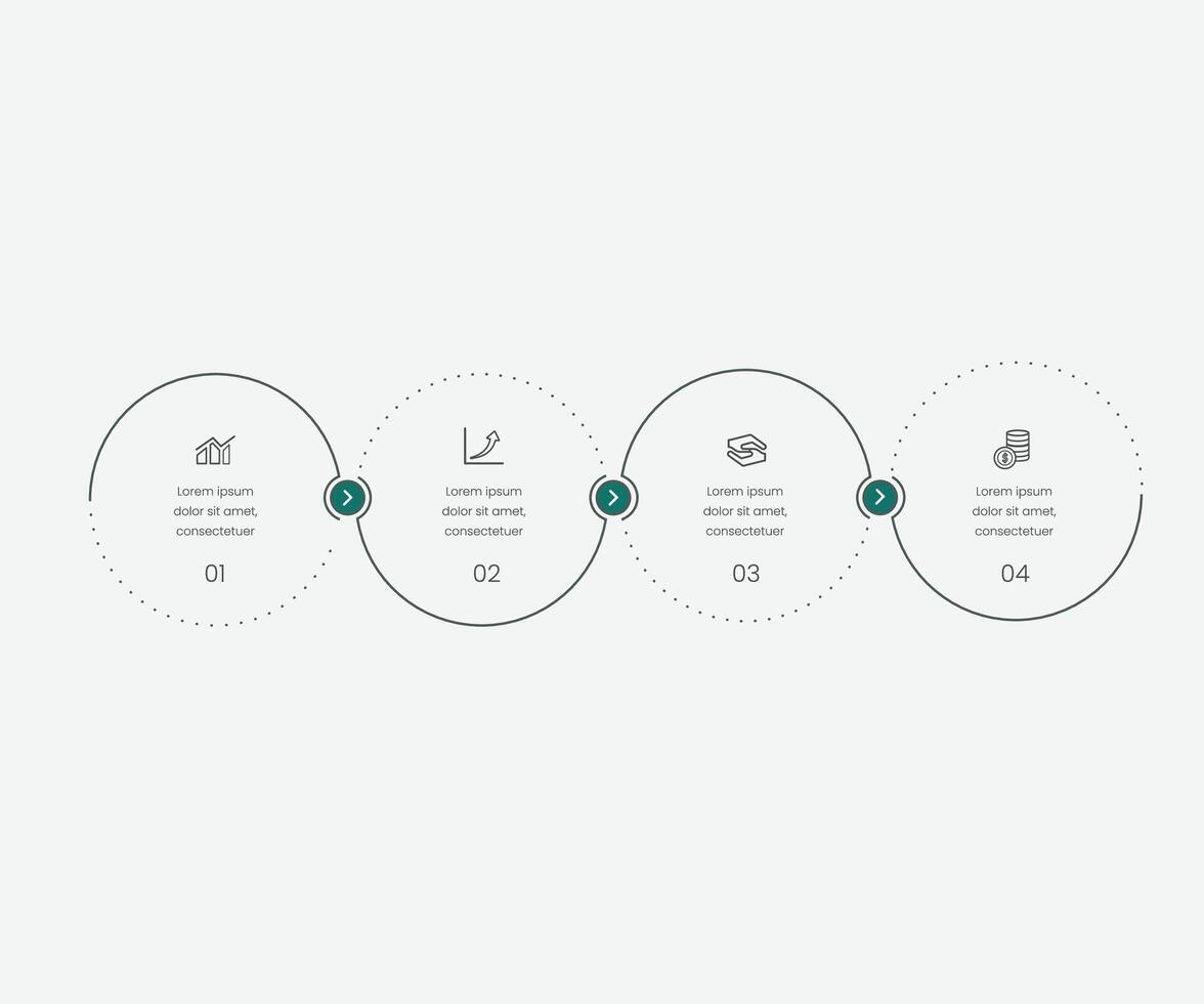 Horizontal chart with four circular elements and colorful curve line. Concept of 4 successive steps of business progress. Simple infographic design template. free illustration for presentation. vector
