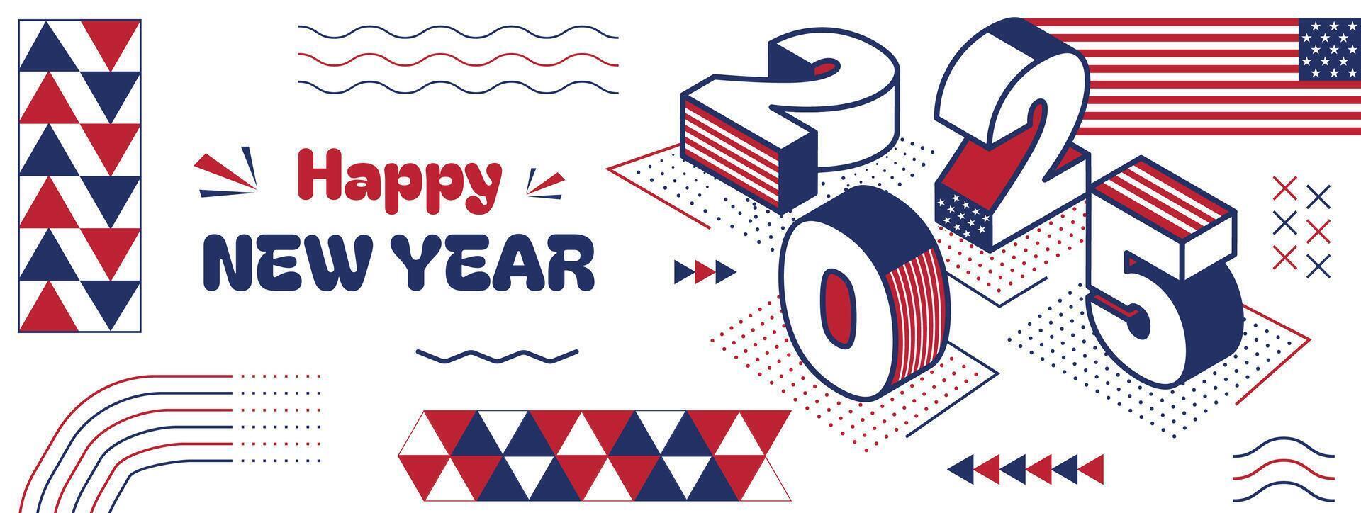 2025 New Year Background. Abstract Geometric 3D Typography Cover, Creative Greeting Banner with USA flag vector