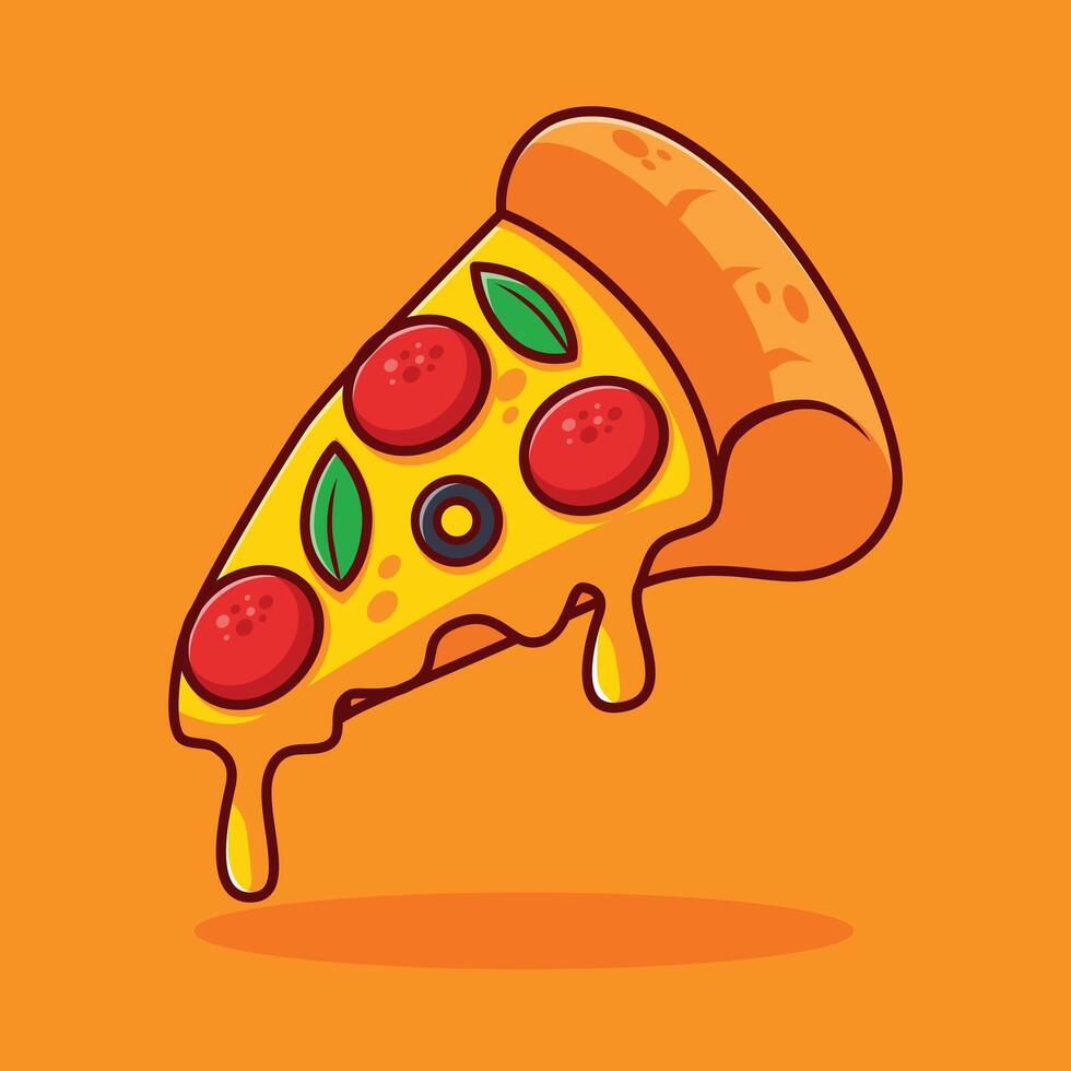 Pizza slice with melted cheese peperoni olive and basil leaf Design in cartoon art style illustration element asset for content perfect for fast food business brand logo packaging editable vector