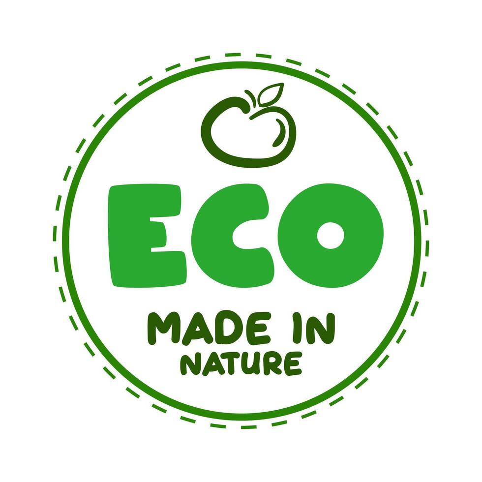 Made in Nature, eco green label sticker with apple label in round frame. Illustration. Isolated element for food, farm, fruits and vegetables. white background vector