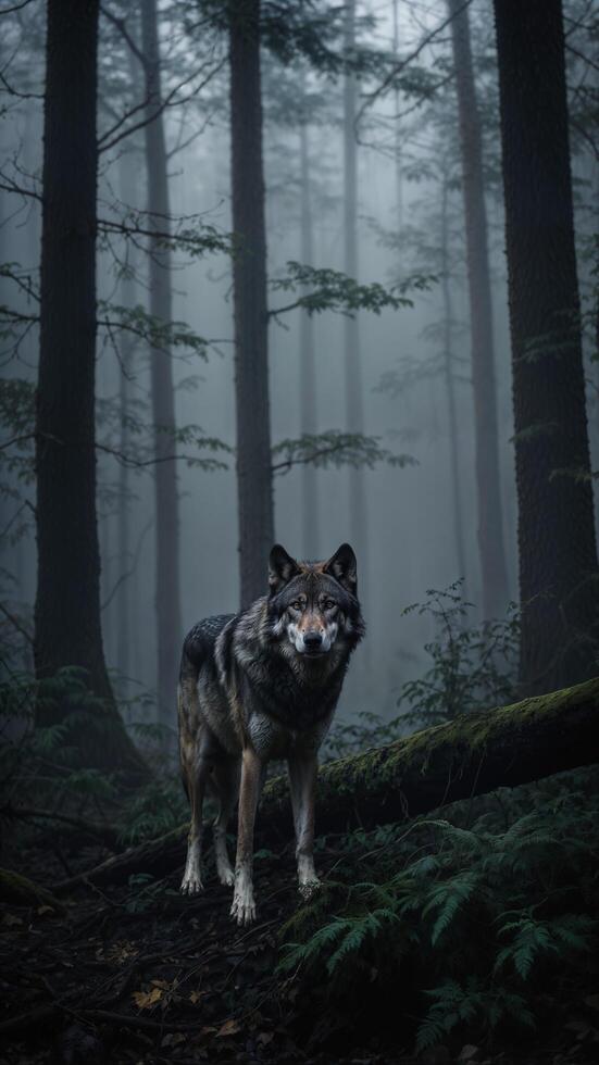 A big lonely wolf in a dark forest. photo
