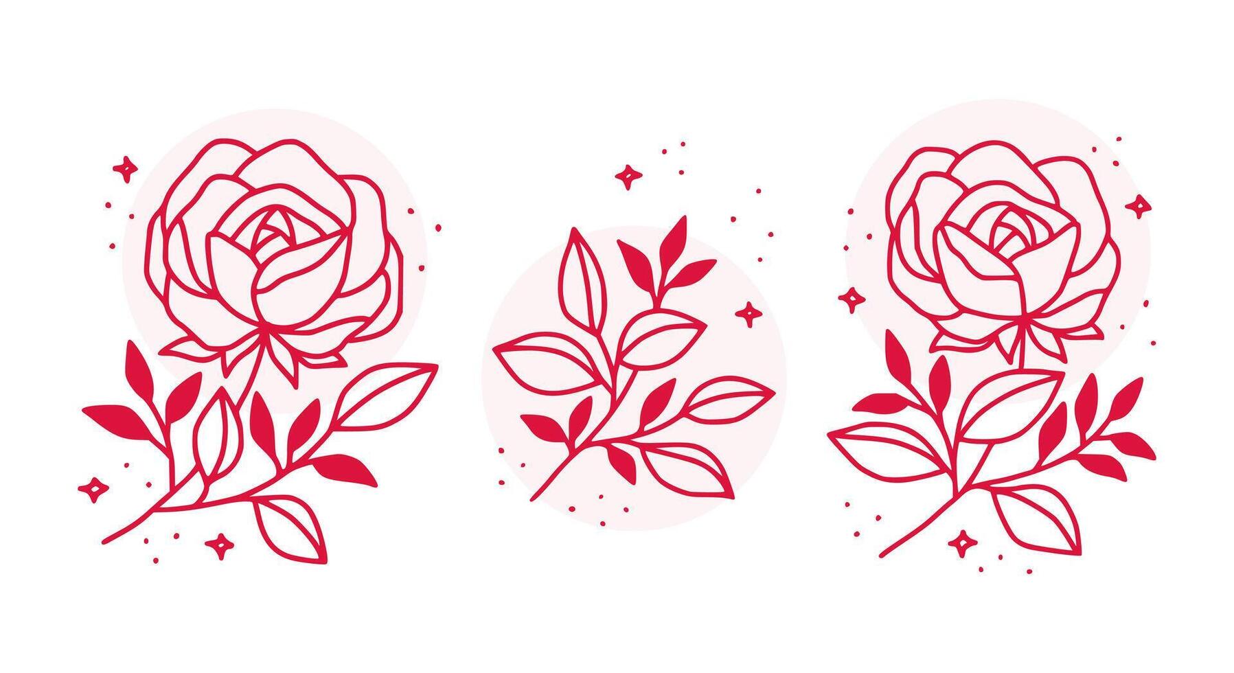 Feminine logo design templates in trendy linear minimal style. Peony, rose flowers and botanical leaf branch. Emblem, symbols and icons for cosmetics, jewellery, beauty and handmade products vector