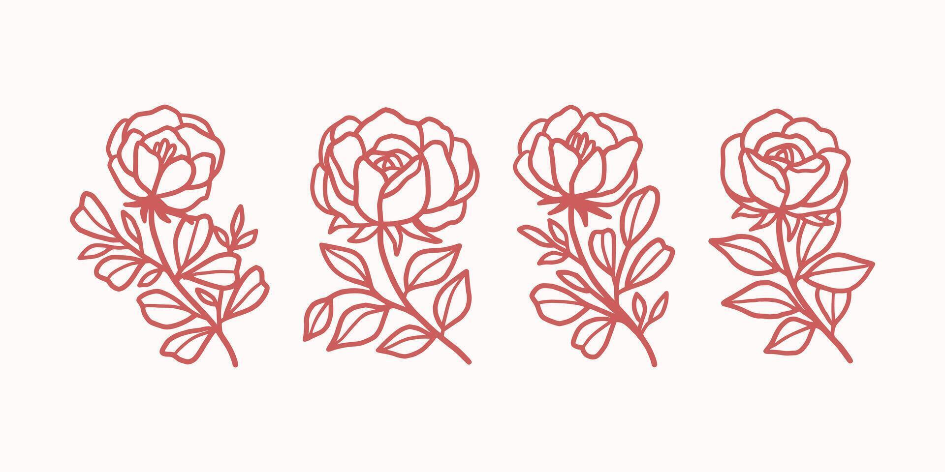 Feminine logo design templates in trendy linear minimal style. Peony, rose flowers and botanical leaf branch. Emblem, symbols and icons for cosmetics, jewellery, beauty and handmade products vector