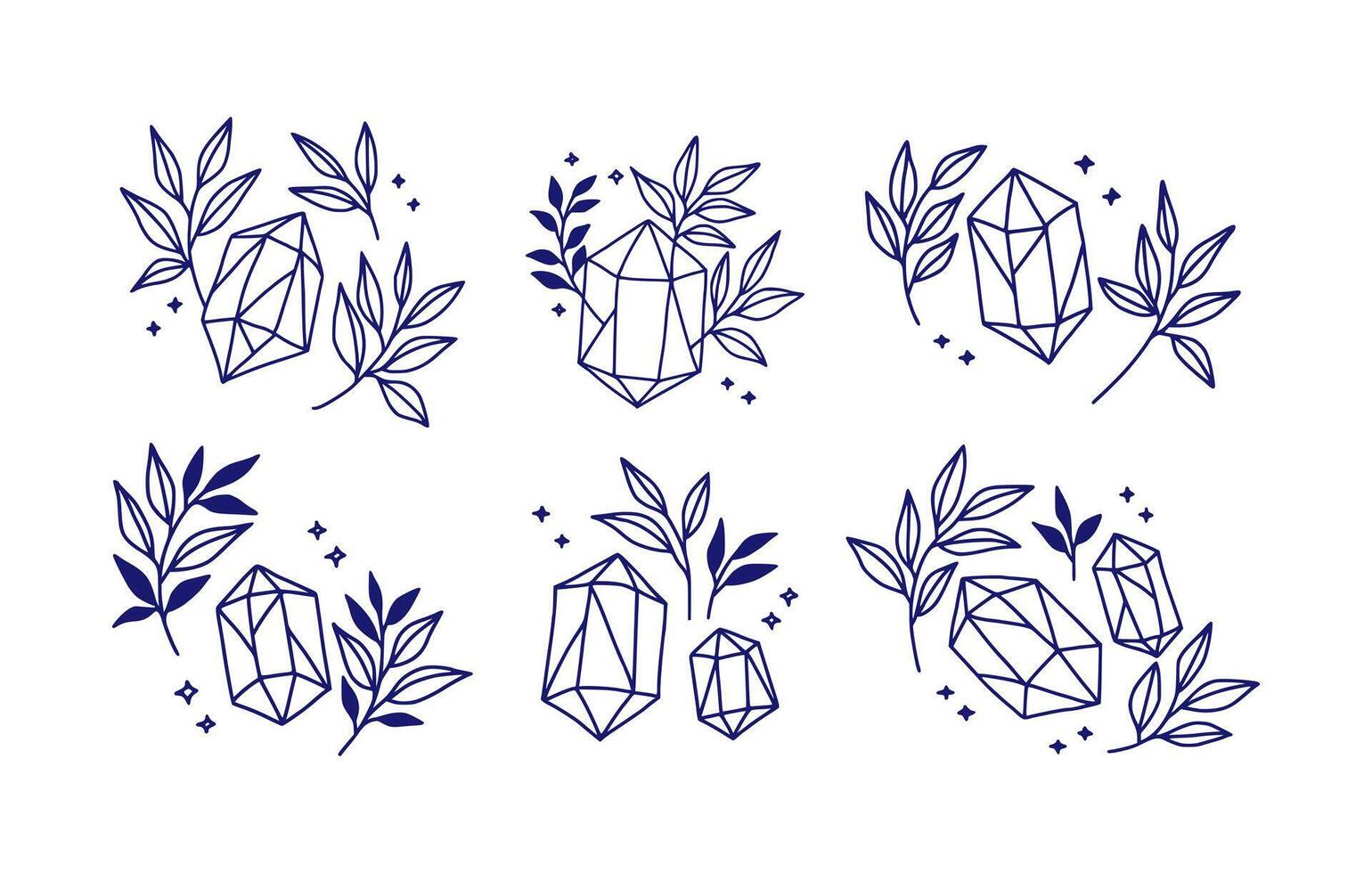 Collection of hand drawn magical elements with crystal, flower, stars, leaf branch for feminine icon, beauty logo, emblem, and other purposes vector