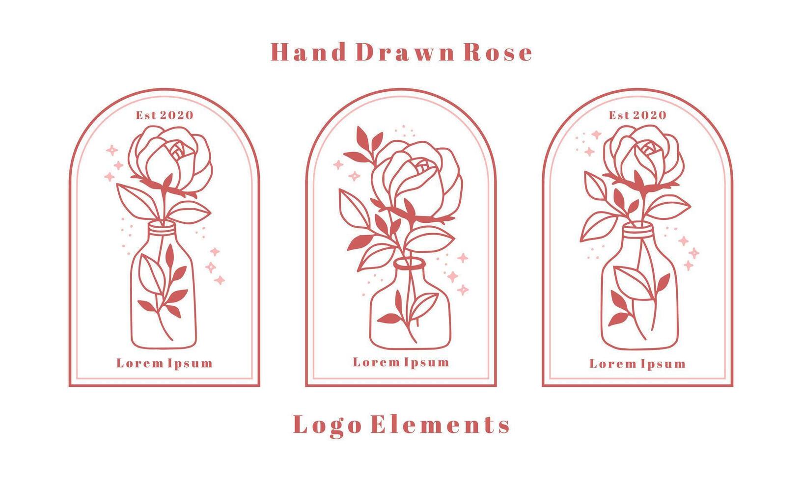 Hand drawn botanical rose flower, peony, bottle, jar, vase, leaf branch black line art element for icon, logo, symbol, wedding invitation card, beauty product, feminine brand, and template decoration vector