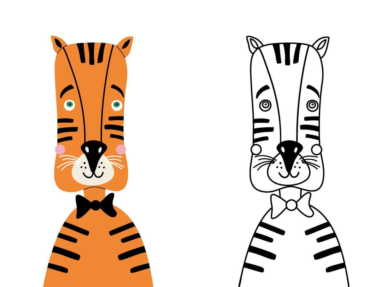 Cute tiger cartoon character coloring page for children. Funny animal colored and colorless illustrations isolated on transparent background. Outline kid doodles, anti stress. vector