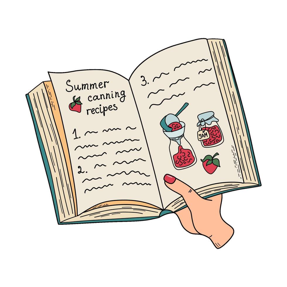 Hand holding open book. Human reading canning recipes book. Concept of choosing recipe. Design for library, bookstore. Hand drawn illustration. vector