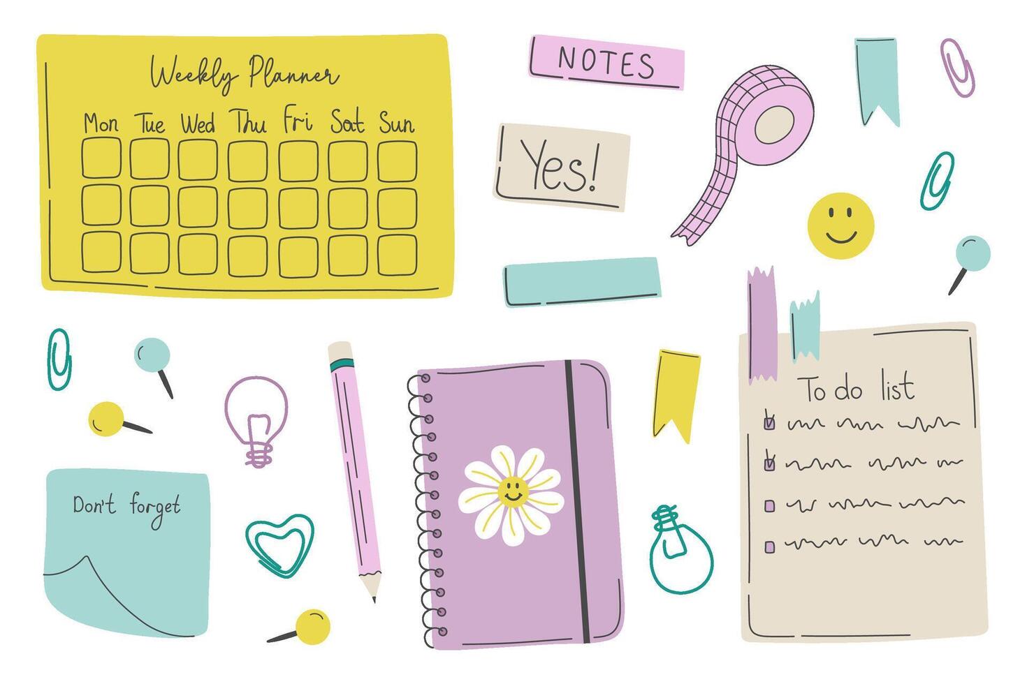 Stationery set. Paper notes, to do list, planner, push pin, paper clip, washi tape. Cute hand drawn elements for school and education theme. Doodle style flat design illustration. vector