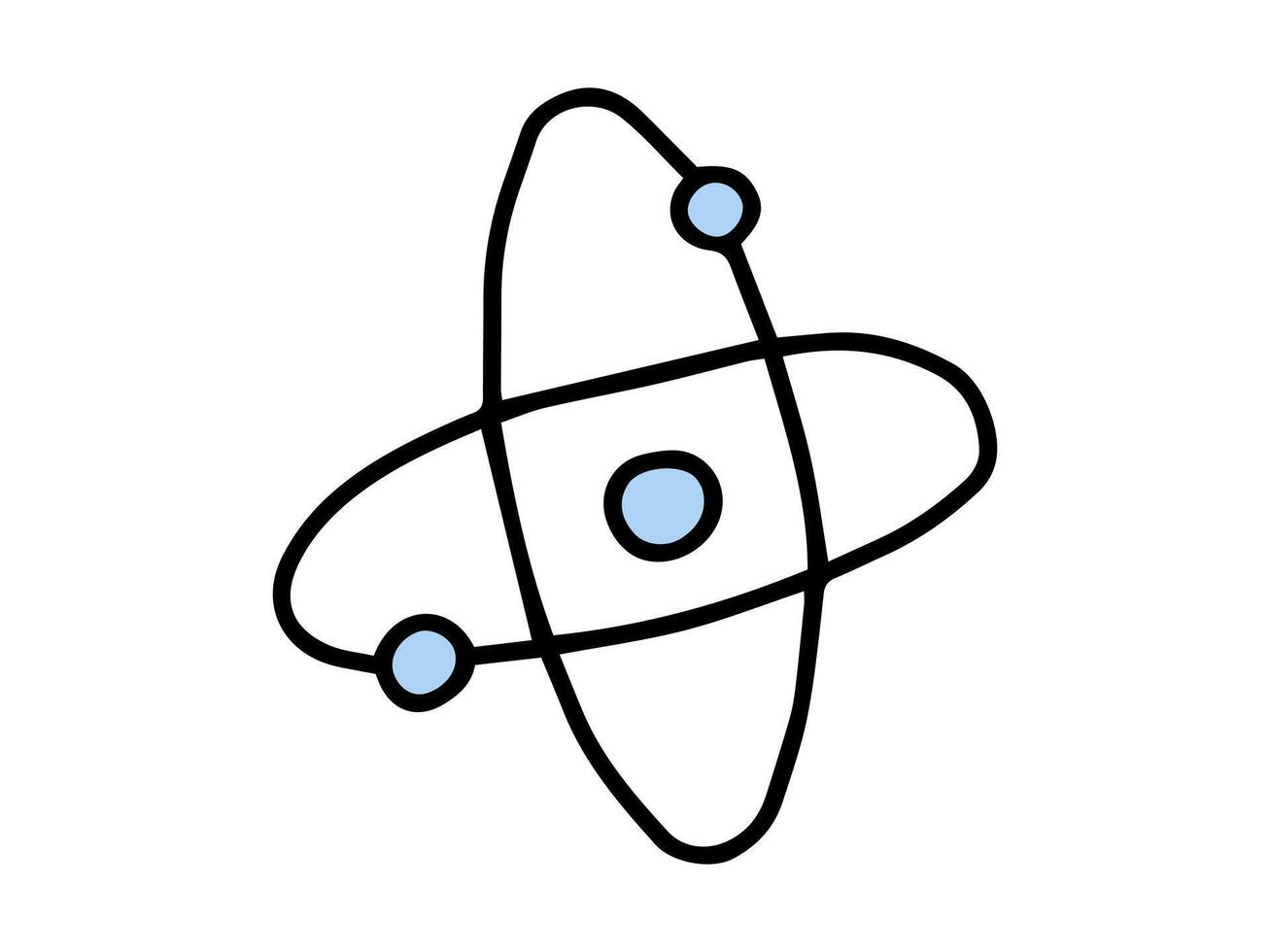 Simple illustration of an atom with blue electrons orbiting a black nucleus. Concept of science, physics, chemistry, education. Print, icon, educational design element. Isolated on white background vector