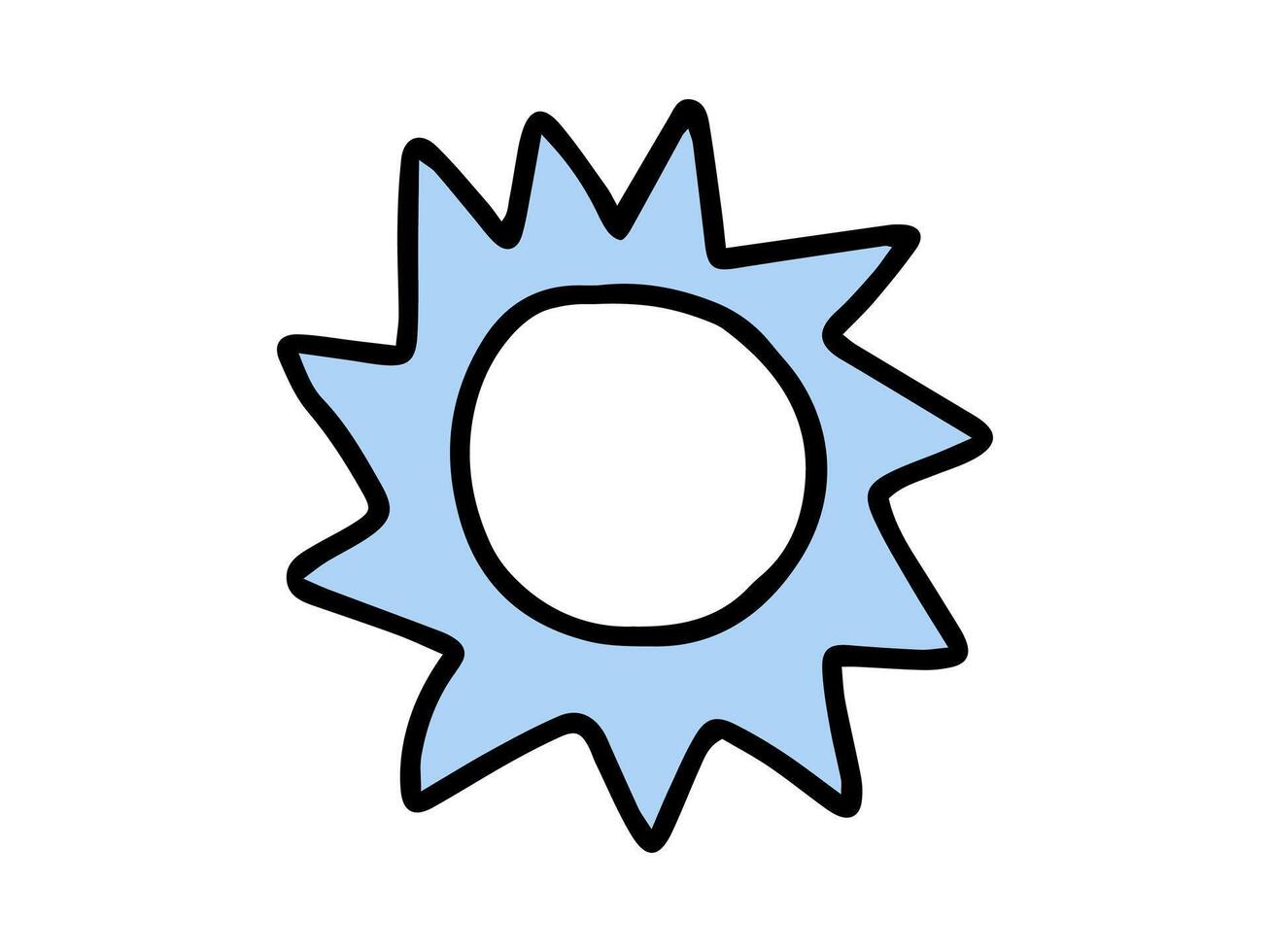 Simple hand drawn illustration of a sun with spiky rays in blue, drawn in a minimalistic and childlike style. Concept of sunshine, weather, warmth, and playful design. Isolated on a white background. vector