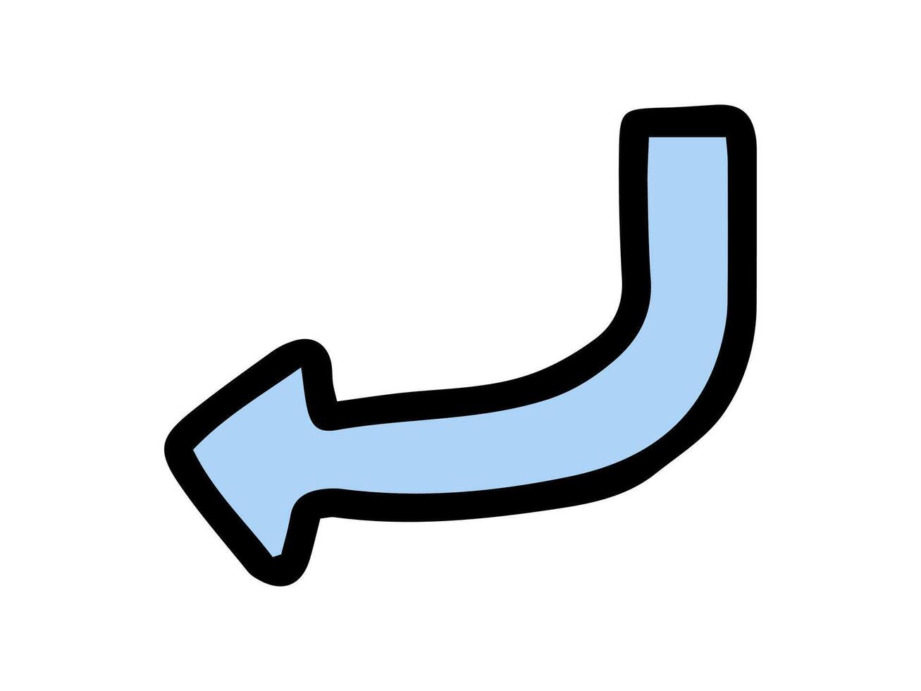 Blue curved arrow hand-drawn illustration isolated on a white background. Concept of direction, navigation, pointer, simple design. Print, icon, design element. vector