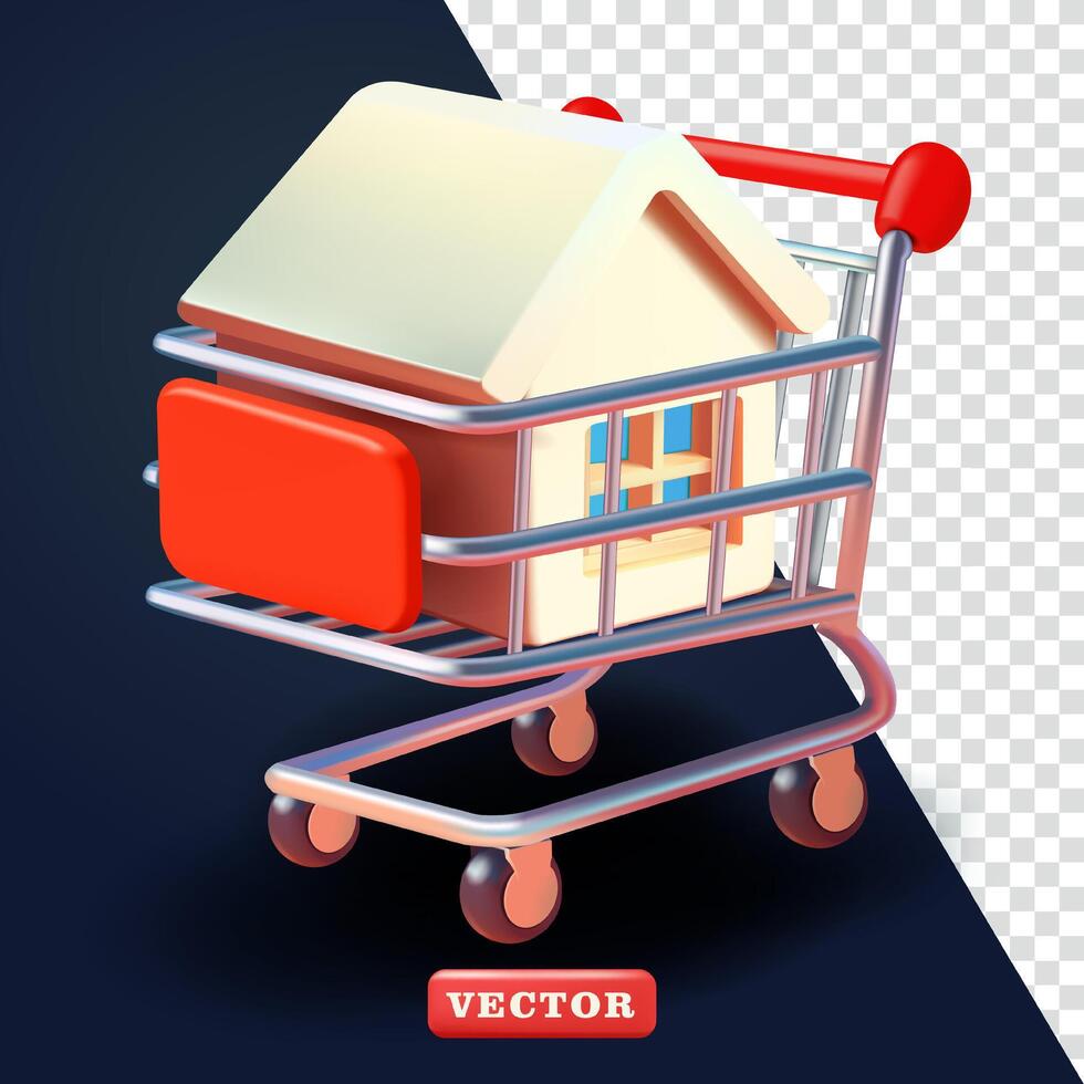 Shopping trolley containing house miniature, 3d. Suitable for business, property and design elements vector
