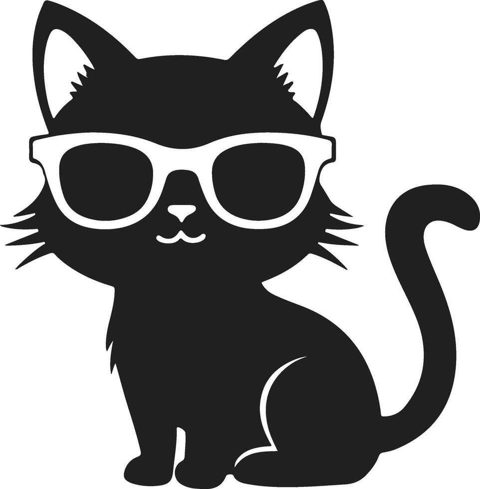 cute cat is sitting wearing glasses silhouette illustration vector