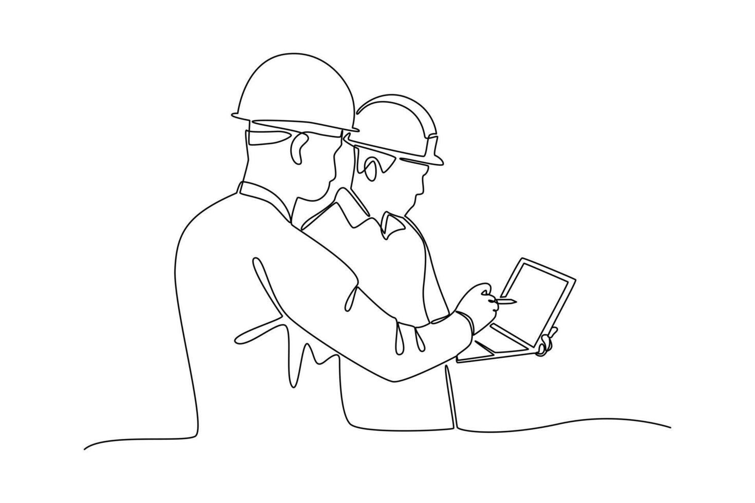 construction worker looking at work tablet. Labor Day vector