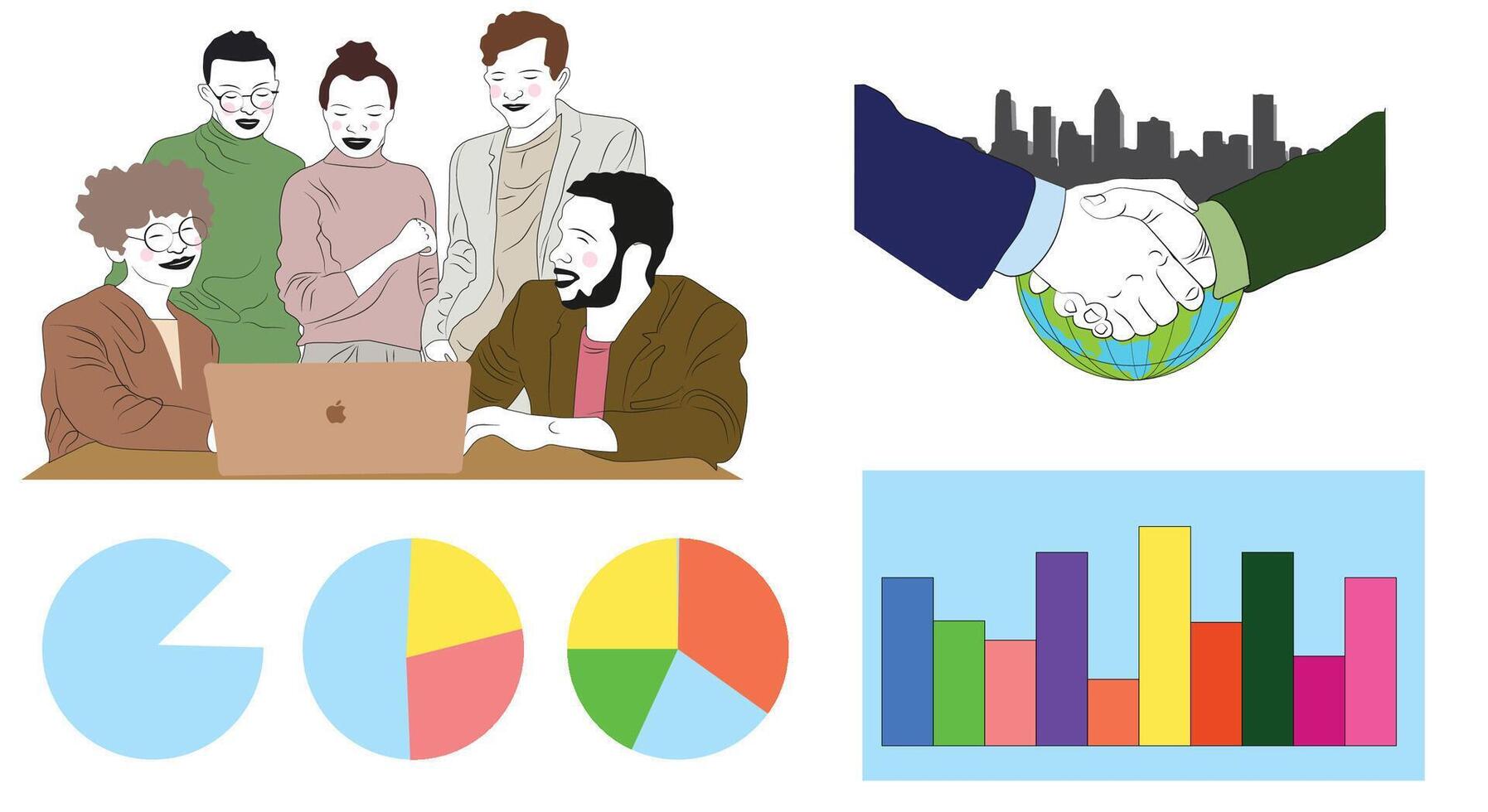 Business charts and graphs and Set of business peoples illustration working as team vector