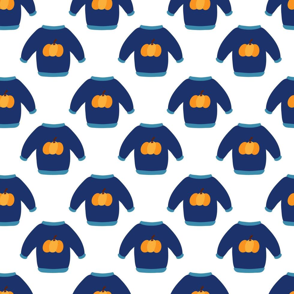 Seamless pattern. Autumn blue sweater with pumpkin design. Cozy fall background. flat illustration. vector