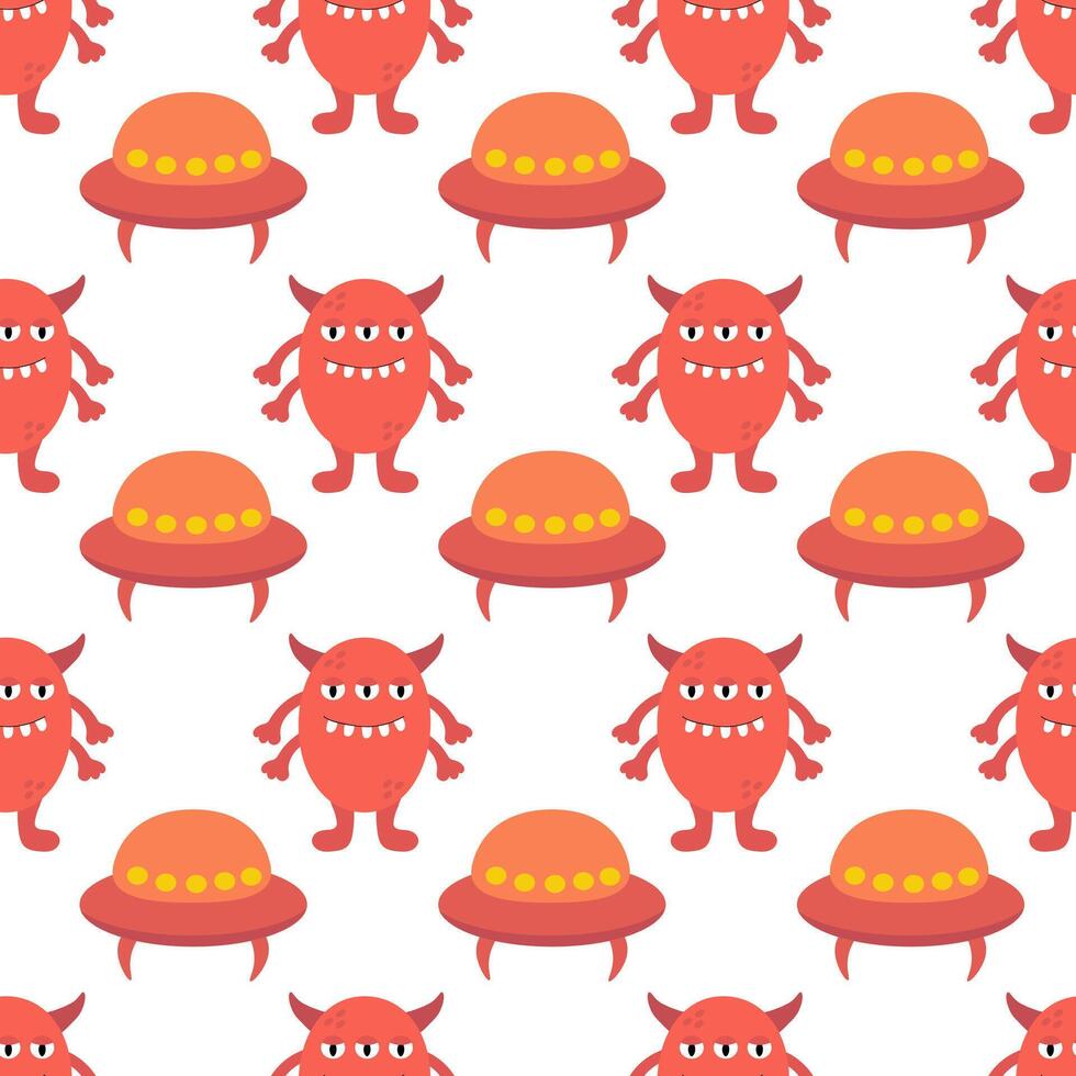 Alien spaceship, spacecrafts and UFO and Cute red alien or monster seamless pattern. Kids design. Children Cosmic ship. flat illustration. vector