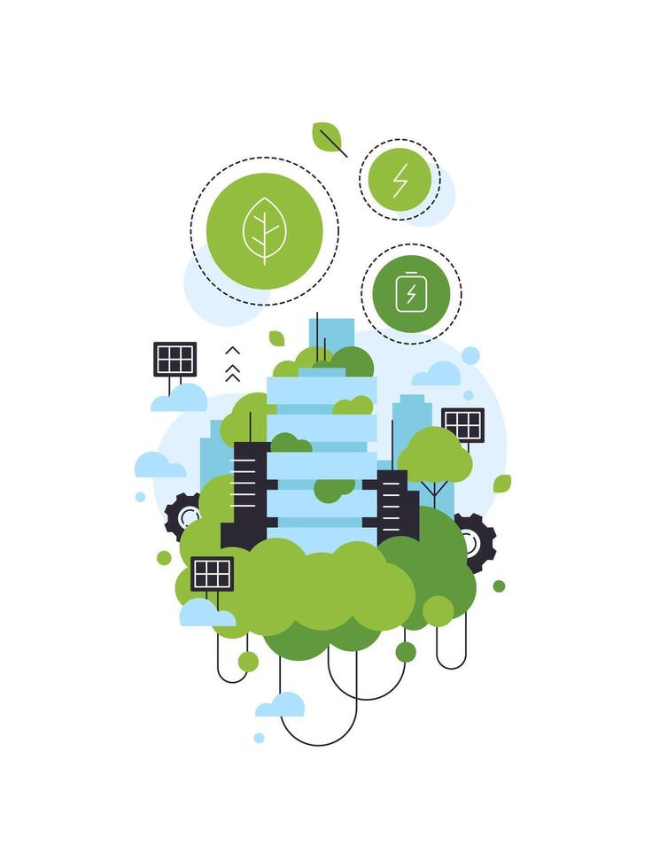 City greening,Green urban landscape,Eco-friendly lifestyle,Building behind plants and trees vector