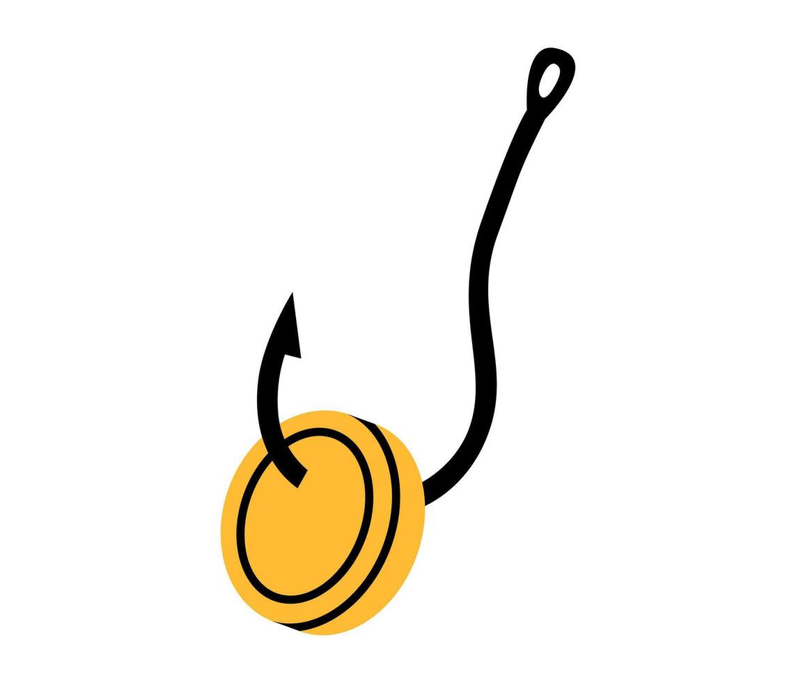 Hand drawn cute cartoon illustration of fishing hook with coin. Flat cash stealing in doodle style. Money theft crime icon or print. Bank account fraud or scam. Phishing attack. Greed. Isolated vector