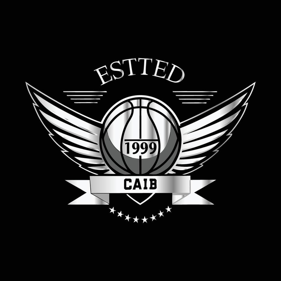 Basketball logo design. Basketball ball with wings and shield on black background vector