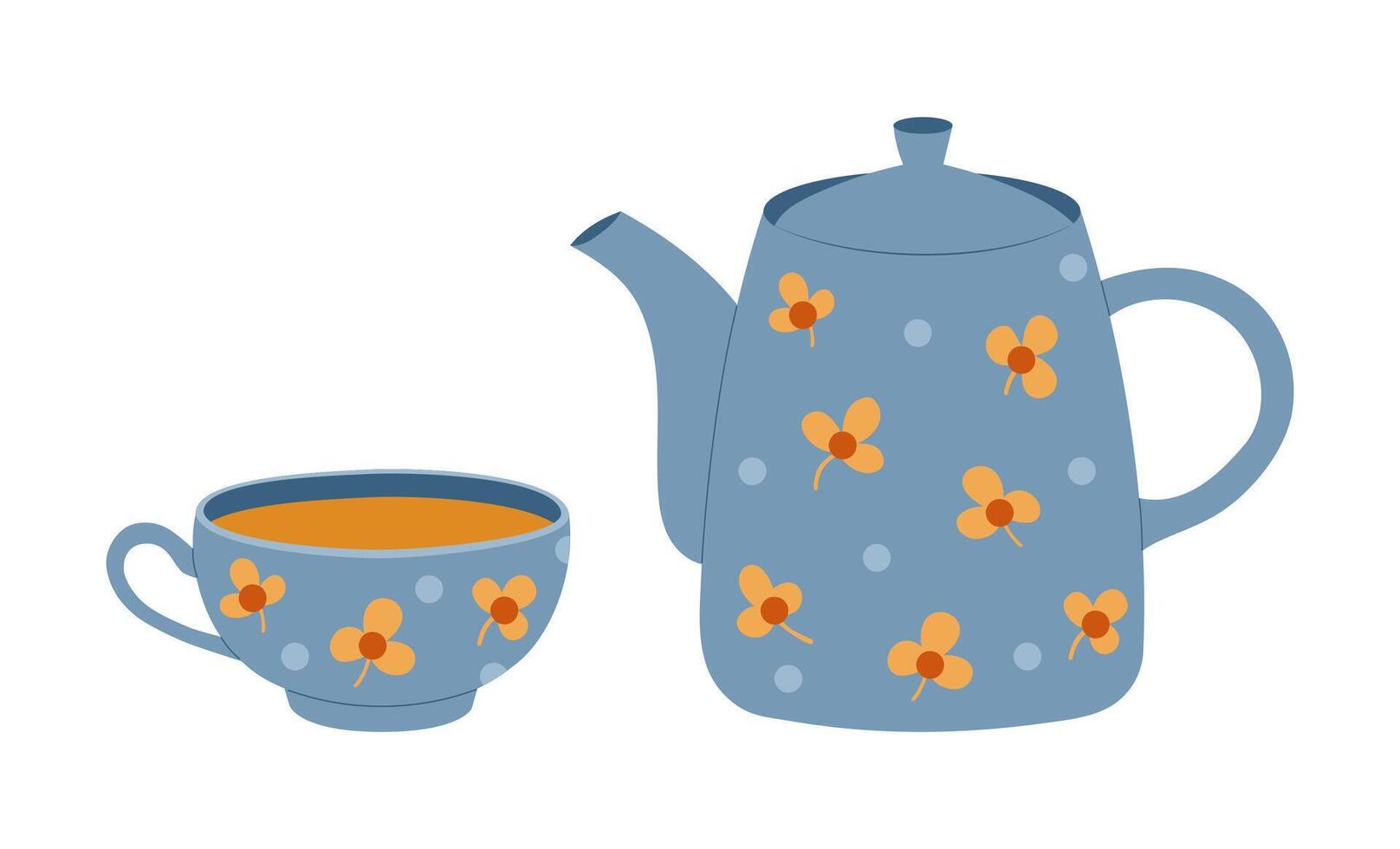 Illustration Blue Teapot and Teacup Set with Floral Pattern Isolated on White Background vector