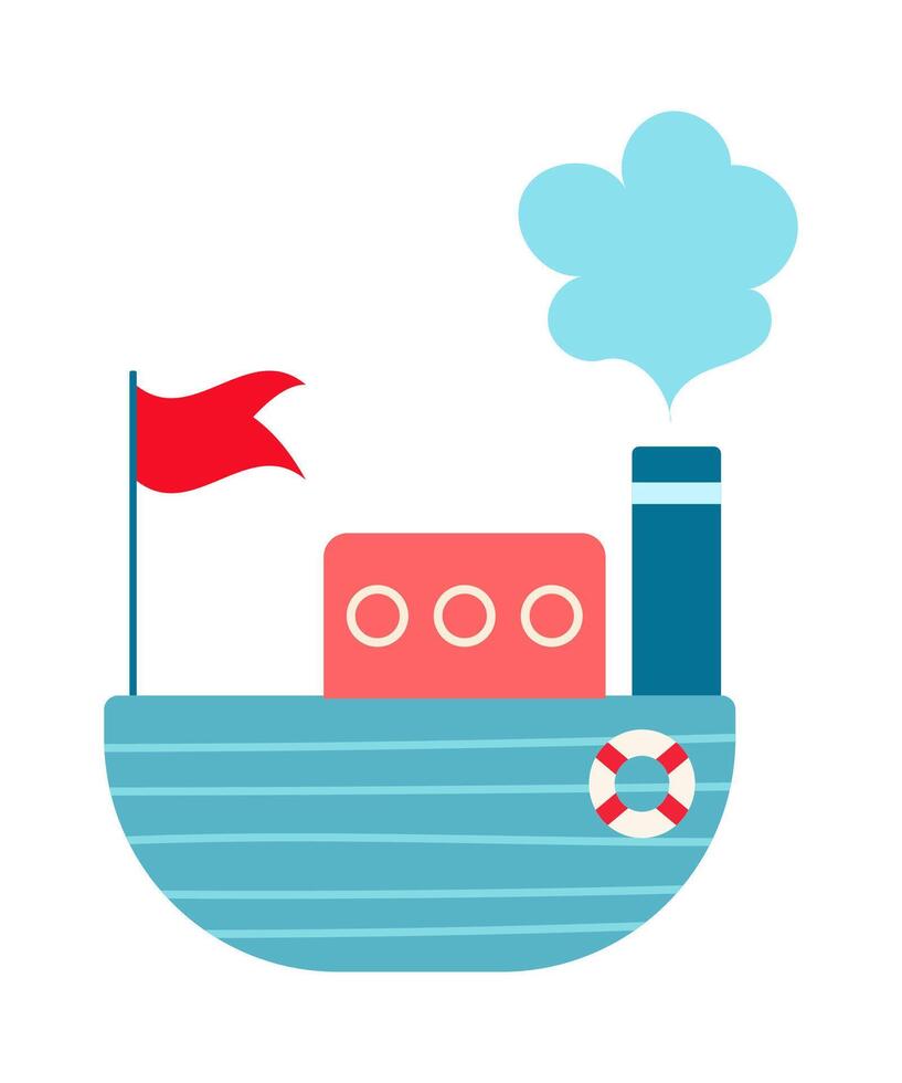Simple Colorful Flat Boat with Red Flag and Steam Cloud Hand Drawn kids Illustration Isolated vector