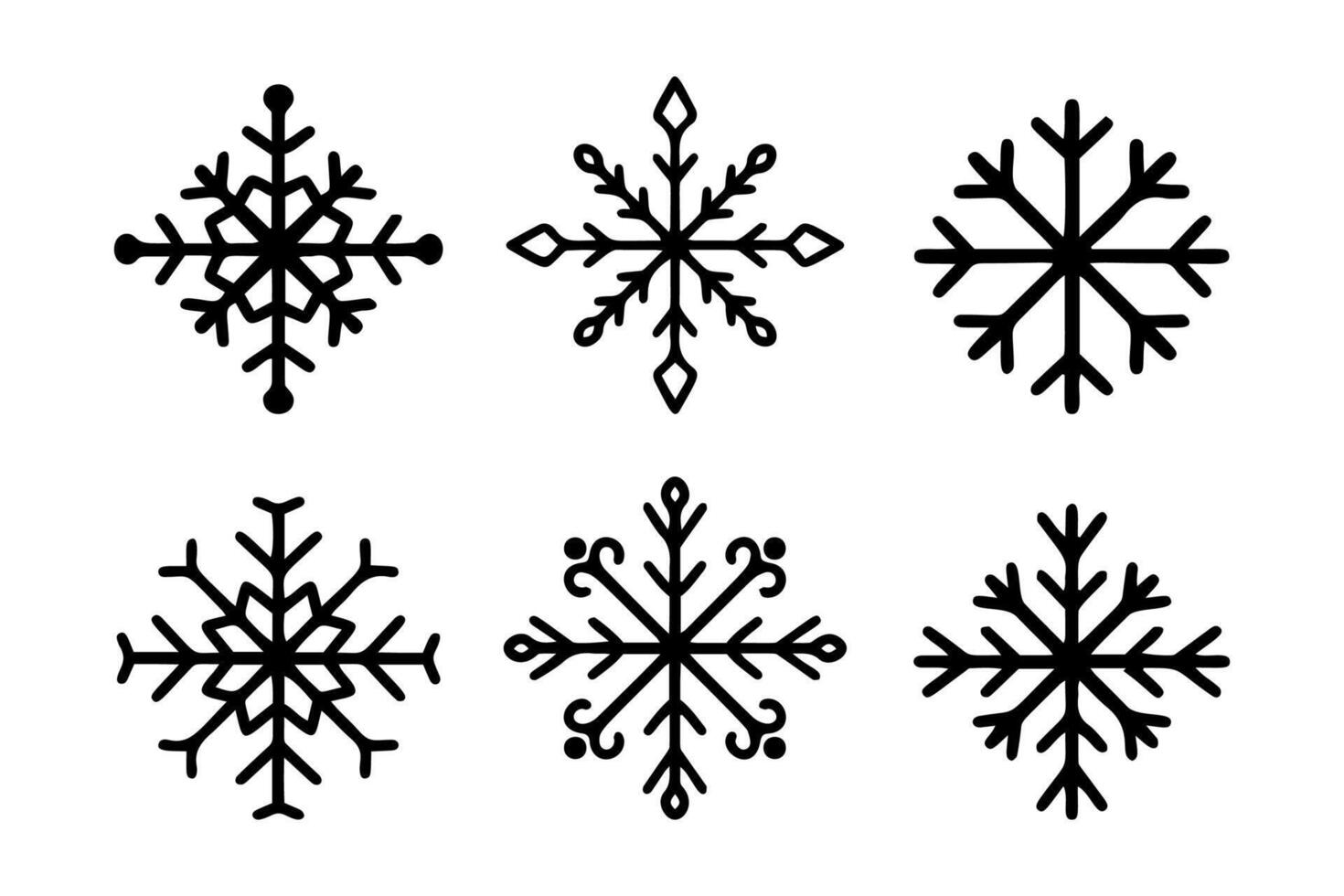Collection of Six Black Snowflake Icons, Winter Set for Holiday Design and Decorations vector