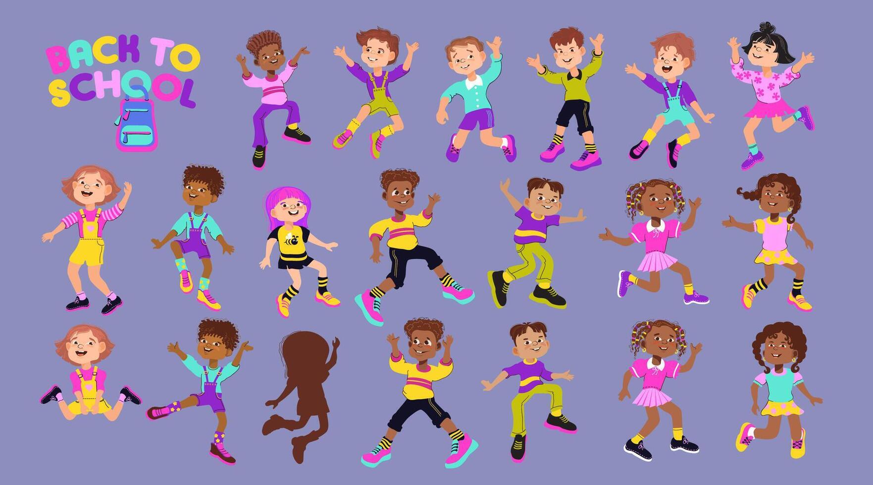 Set of diverse jumping boys and girls. flat illustration. vector