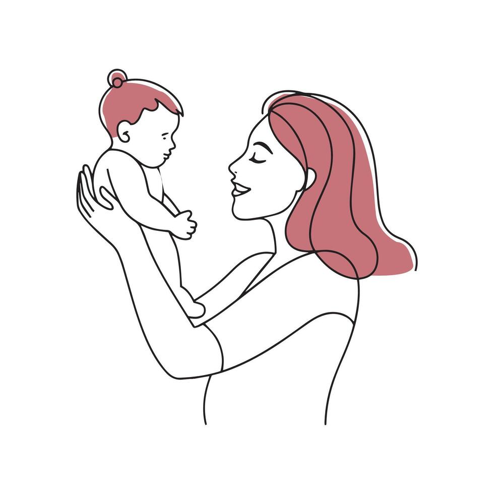 woman with a joyful expression holding her baby Hand drawn offset fill with doodle illustration vector