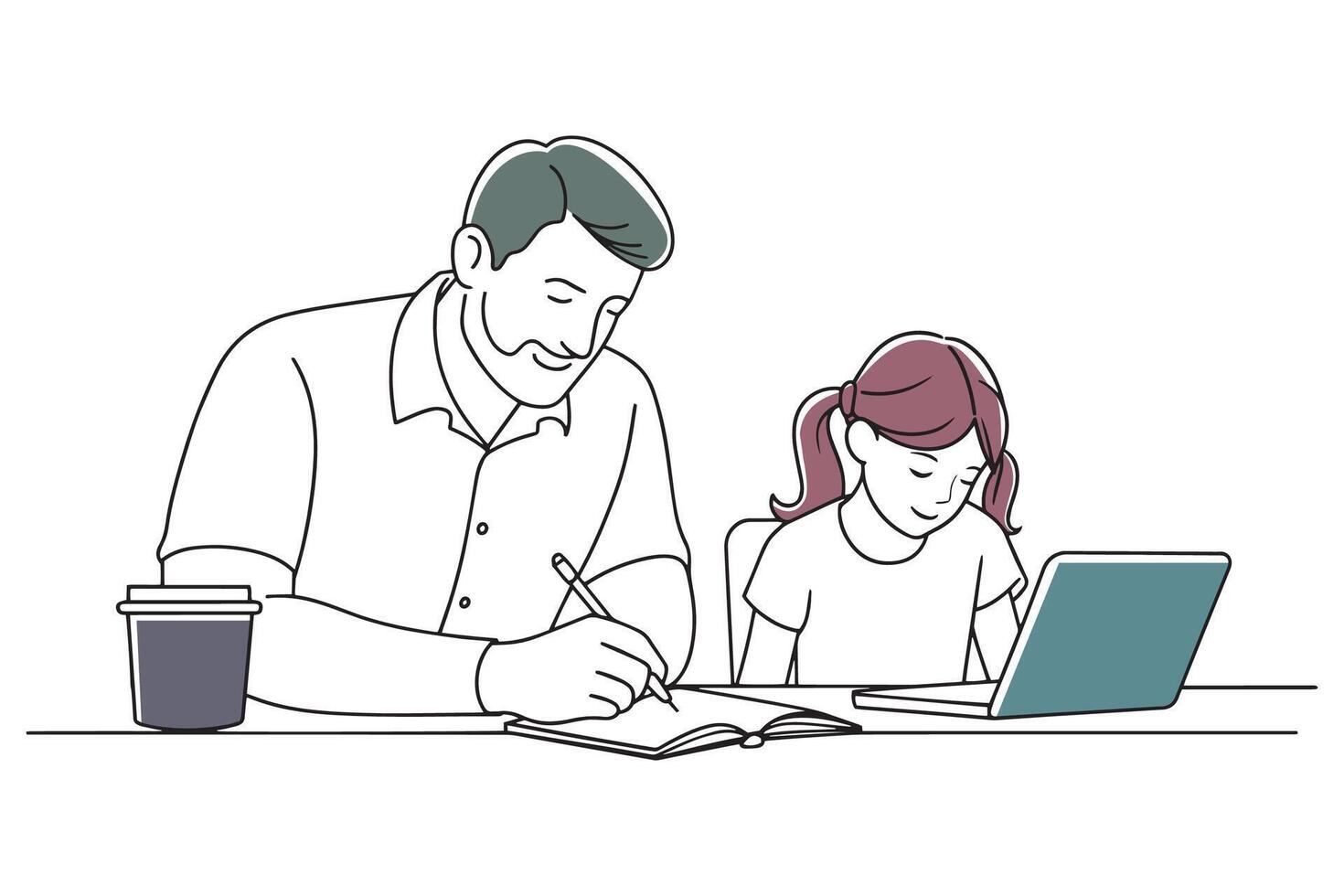 Father and daughter collaborate on a project in the classroom Hand drawn offset fill with doodle illustration vector