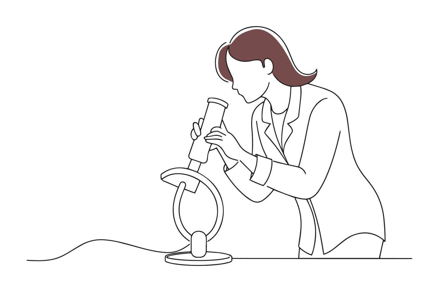 Female scientist in lab coat examining specimen under microscope Hand drawn offset fill with doodle illustration. vector